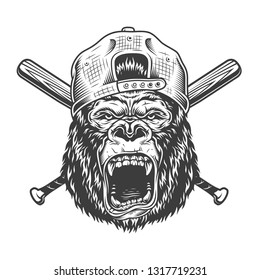 Vintage angry gorilla head in cap with crossed baseball bats in monochrome style isolated vector illustration