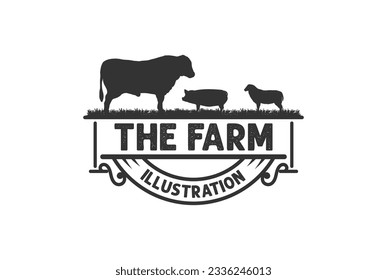 Vintage Angus Cow Bull Pig Hog and Sheep Goat for Rural Countryside Farm Illustration Vector