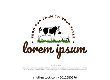 Vintage Angus Cow Bull with Sheep Lamb Goat for Cattle Livestock Farm Logo Design Vector