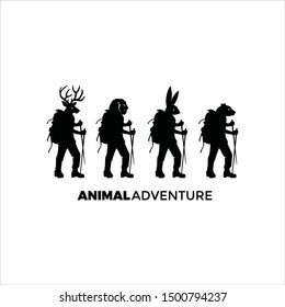 Vintage animal bundle set man Adventure logo vector. Unique original. Half body of fauna and human with back pack.  Climb, hiking, outdoor hobby activity. Curious, professional, bold, character.