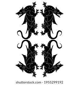 Vintage animal design with four fantastic medieval dragons. Black and white silhouette.