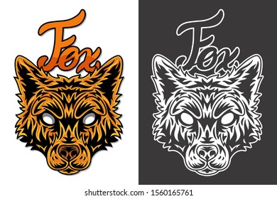 Vintage animal face fox isolated vector illustration on a white background. Design element for logo, badge, tattoo, banner, poster.