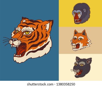 Vintage animal heads. Logo for t-shirt. Wild Asian Tiger, panther, fox, Monkey. Hand drawn Engraved Monochrome.