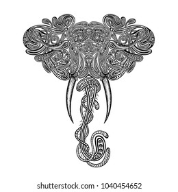Vintage animal with runes. Vector head of an elephant from a variety of patterns