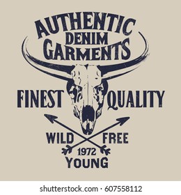 Vintage animal skull graphics print.Vintage denim print for t-shirt or apparel.Retro artwork and typography.