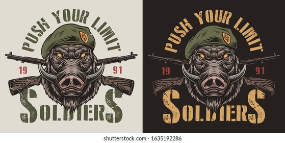 Vintage animal soldier colorful label with aggressive wild boar head in navy seal beret and crossed carbine rifles isolated vector illustration