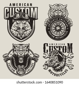 Vintage animals bikers mascots labels with angry eagle and wild boar heads in moto helmets aggressive wolf ferocious tiger holding motorcycle wheel crossed wrenches isolated vector illustration