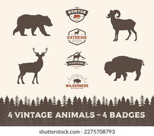 Vintage animals - logo badges. Collection of retro animal silhouettes and logo emblems. Hand drawn animals, bear, deer, bison, and bighorn sheep. Retro style animal badges set.