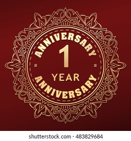 Vintage anniversary 1 year round emblem. Retro styled vector decor in gold tones on dark red background.