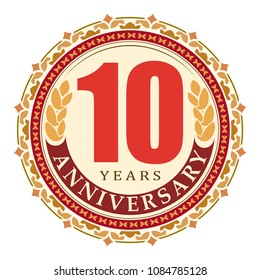 Vintage anniversary 10 years round emblem. Retro styled vector background in very bright tones. 