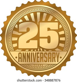 Vintage anniversary 25 years round emblem with rays. Retro styled vector background in gold tones.