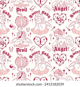 Vintage Anti Valentine's Day aesthetic, seamless pattern. Girly pink color cupids and gothic style phrases. Fire, heart, wire, rock elements and angels. Tile, hell fun background. Hand drawn, not AI