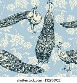 Vintage antique background, fashion seamless pattern with birds, white peacocks on blue wallpaper, creative fabric, wrapping with graphic floral ornaments - summer and spring theme for design