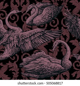 Vintage antique background with swans and Victorian ornaments, Love symbol for Valentine's day, fashion seamless pattern with birds