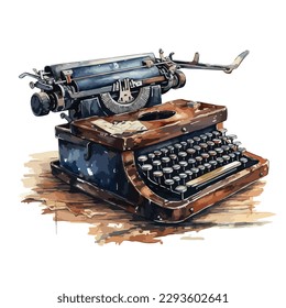 vintage antique blue typewriter in watercolor