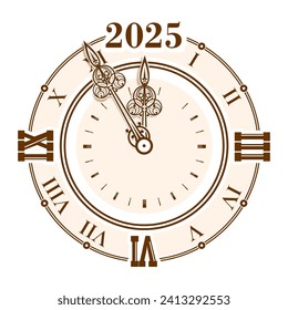 Vintage antike Uhr zeigt fünf Minuten bis Mitternacht vor dem Neujahr 2025. Vektorgrafik