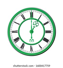 Vintage antique clock vector design one o'clock, roman number green colour clock, vector illustration design isolate on white background 