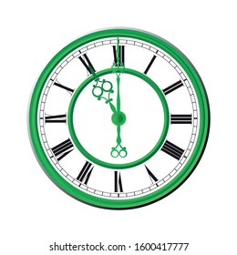 Vintage antique clock vector design eleven o'clock, roman number green colour clock, vector illustration design isolate on white background 