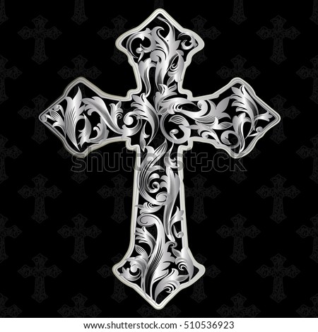 Vintage antique cross. Silver vector cross with decorative silver 3d  leaves and medieval ornaments. Silver cross on the black background.