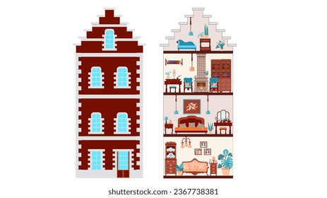 Vintage antique dollhouse inside and out, the facade of an old house, bedroom, living room, study and attic with retro furniture, Illustration in a flat cartoon style.