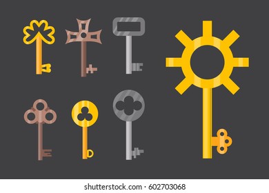 Vintage or antique door key isolated access household tool retro metal security house protection and decorative skeleton ornate secret sign vector illustration.
