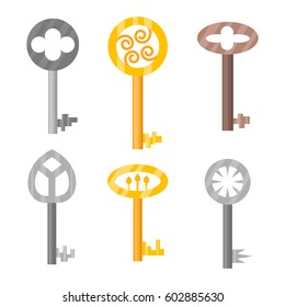 Vintage or antique door key isolated access household tool retro metal security house protection and decorative skeleton ornate secret sign vector illustration.