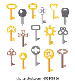 Vintage or antique door key isolated access household tool retro metal security house protection and decorative skeleton ornate secret sign vector illustration.