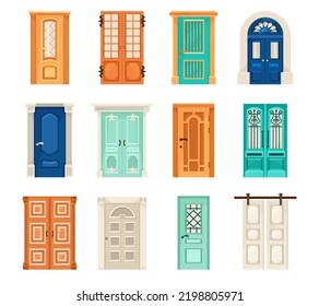 Vintage or antique doors vector illustrations set. Collection of cartoon drawings of doors with or without handles for old houses or buildings on white background. Vintage architecture concept