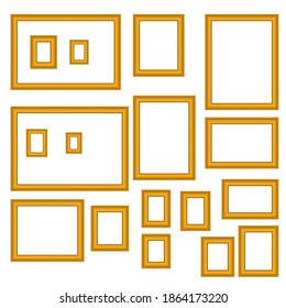 Vintage antique gold beautiful rectangular frames. Set of squared golden vintage wooden frame for your design. Vintage cover. Place for text. Template vector illustration. All standart size.