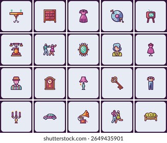 Conjunto de ícones antigos e vintage: uma coleção de desenhos e elementos nostálgicos