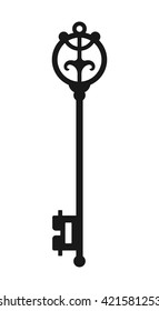 Vintage antique key, black silhouette isolated on white background. Vector 