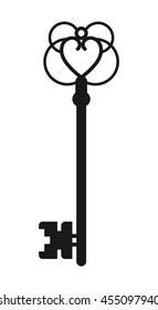 Vintage antique key, black silhouette isolated on white background. Vector