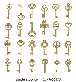 Vintage antique key collection in golden color isolated on white background