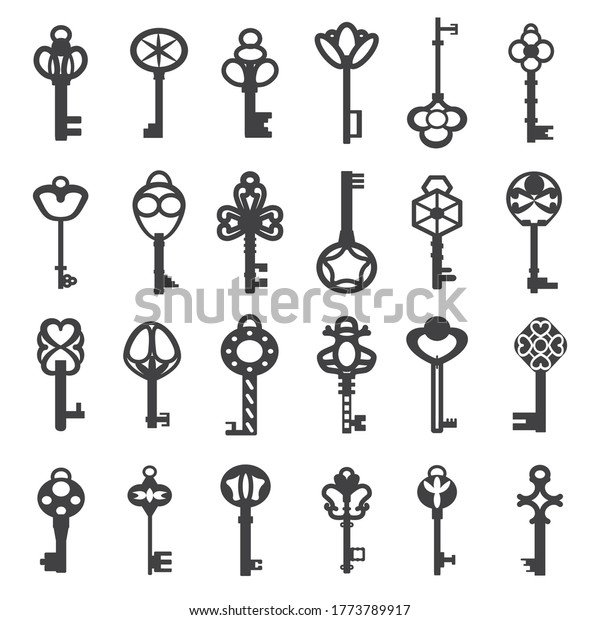 Vintage antique\
key collection. Set of old victorian keys black silhouettes for\
doors and cars Vector\
illustration