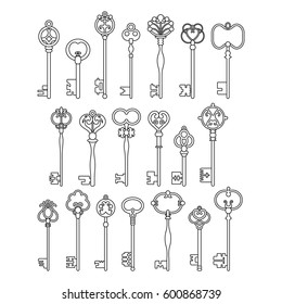 Vintage antique keys, linear silhouettes isolated on white background. Vector illustration