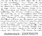 Vintage, Antique manuscript document in unreadable, illegible, hand written English cursive longhand. Fancy old school, with ink blotches. Fake document for decoration, artistic, and pattern usage.