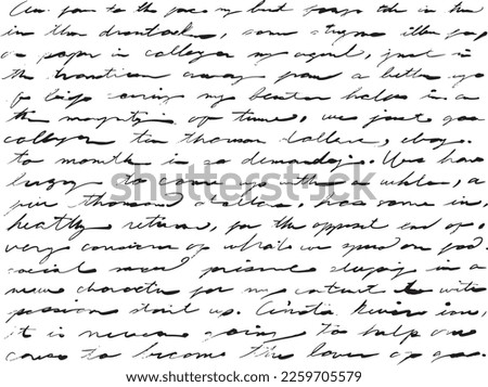 Vintage, Antique manuscript document in unreadable, illegible, hand written English cursive longhand. Fancy old school, with ink blotches. Fake document for decoration, artistic, and pattern usage. Foto d'archivio © 