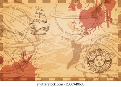 Vintage antique map background, vector retro travel pirate paper, engraving ship, splash, compass. Abstract old texture parchment scrapbook design, marine treasure frame. Vintage map, geography symbol