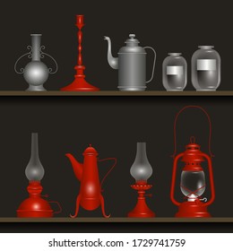 Vintage antique metal objects stand on a shelf. Oil lamps, candlesticks, glass vessels and jugs. Vector set.