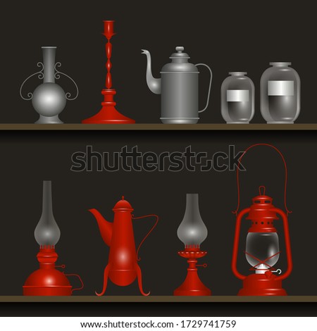 Vintage antique metal objects stand on a shelf. Oil lamps, candlesticks, glass vessels and jugs. Vector set.