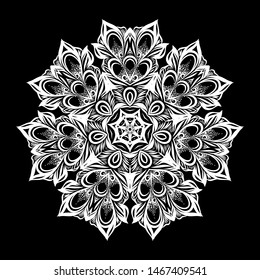 Vintage Antique Ornament Background. Illustration for Your Majestic art Design. Element for Web Design. Flower Round Lace Wallpaper on Black Background