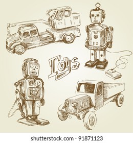 vintage, antique toys - hand drawn collection