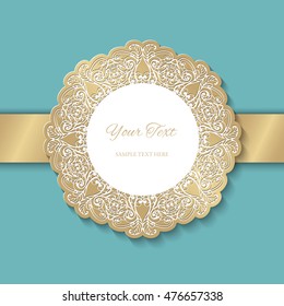 Vintage antique turquoise background with round ornamental 3d cutout decoration. Paper cut frame with golden satin ribbon. Template for your design. Vector illustration 