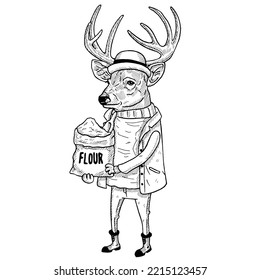 Vintage Antromorphic Deer Drawing Retro Style