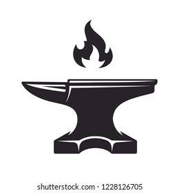 Vintage anvil and fire, monochrome icon, blacksmith tools. Vector illustration, isolated on white background. Simple shape for design logo, emblem, symbol, sign, badge, label, stamp.