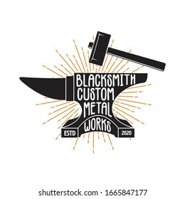 vintage anvil and hammer crafting logo design template, vector Illustration