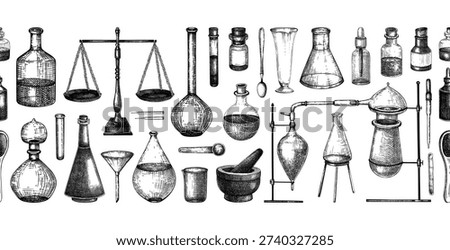 Vintage apothecary background. Ancient laboratory glassware hand drawn vector illustration. Alchemy seamless banner. Medicinal tools sketches. NOT AI generated.