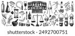Vintage apothecary hand-drawn vector illustrations. Antique apothecary box, scales, glassware, medicinal herb and healing plants sketches. NOT AI generated