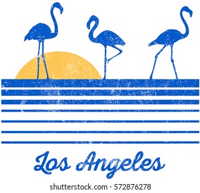 vintage apparel print with flamingos and lettering. Vector illustration. Apparel print. Vintage sunset print.