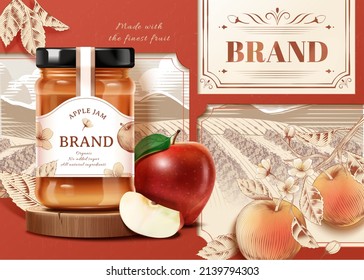 Vintage apple jam ad template. 3d glass jar mockup on wooden stage with realistic fruit and engraving farm field background.